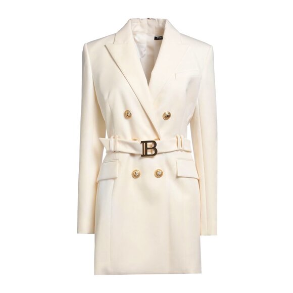 NWT Balmain Wool Jacket Dress Belted Lapel Collar White w/ Embellishments Sz 38 - Picture 2 of 11